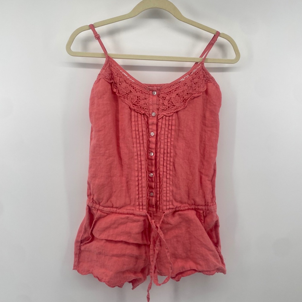 Guess Romper Womens XS Coral Pink Linen Lace Trim Boho Summer Playsuit